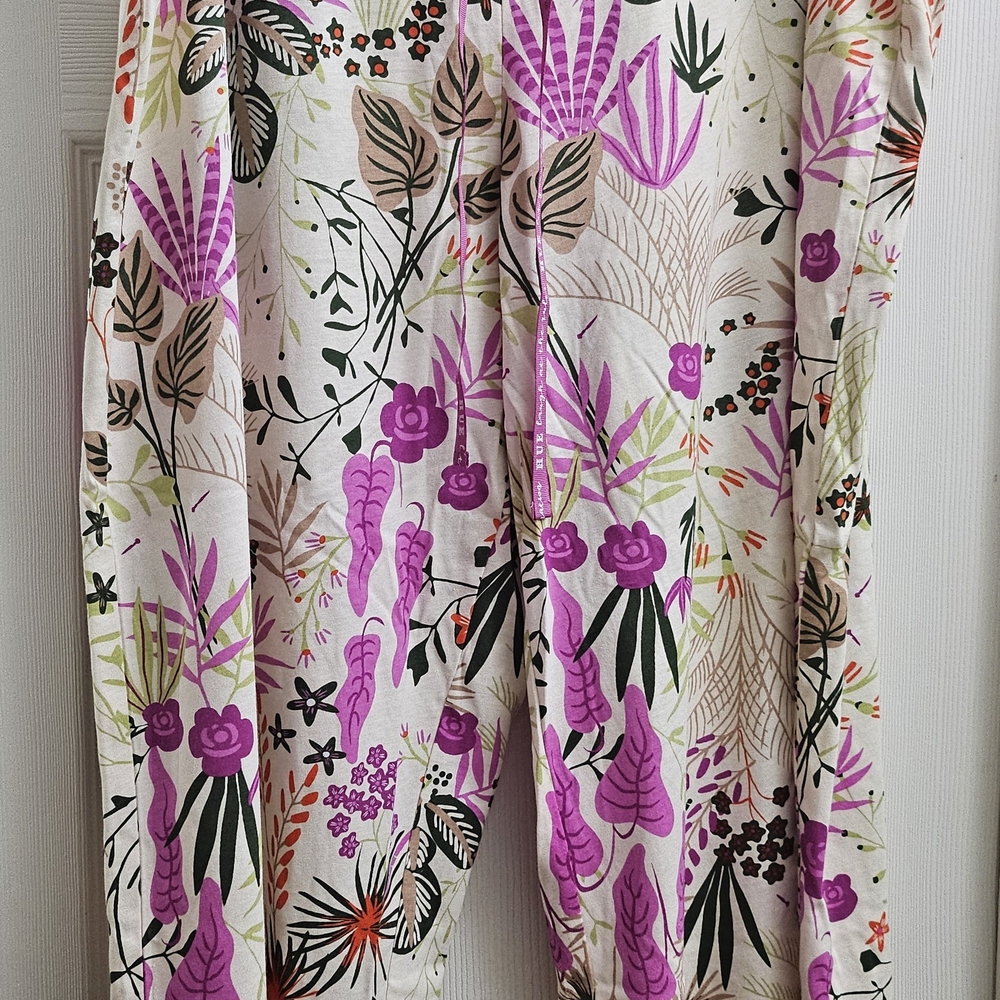 HUE Floral Print Pants with Purple and Green Highlights